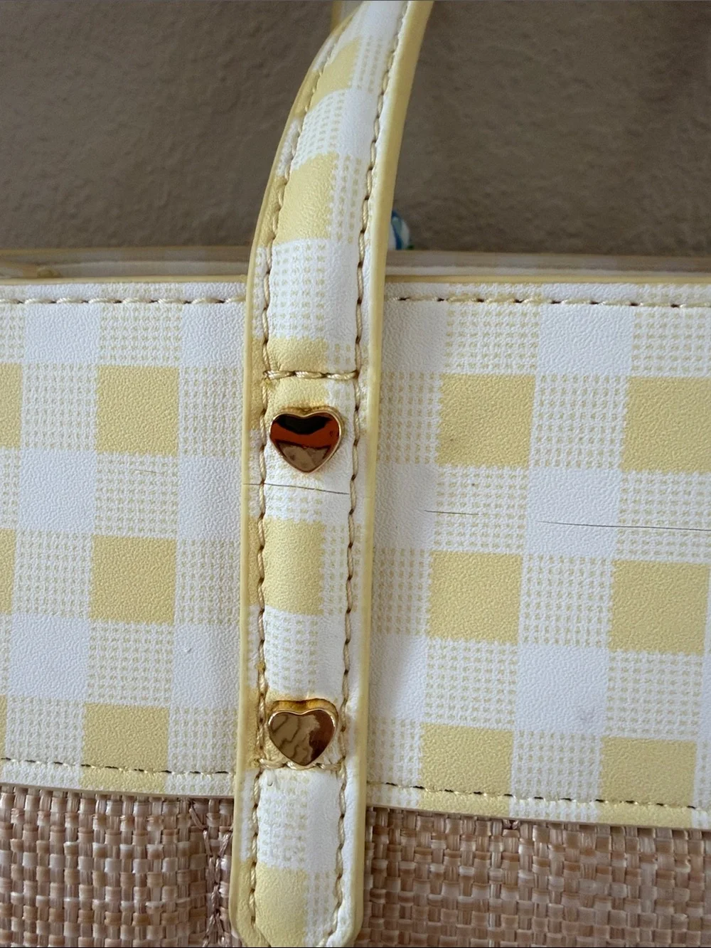 Betsy Johnson Yellow Check & Straw Tote Bag with Blue Lemon Scarf